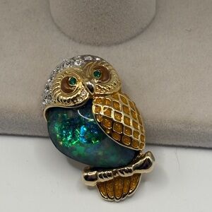 Owl Brooch Gold Tone Opal-Look Cabochon Crystal Enamel Statement Pin